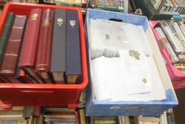 A BOX OF STAMP STOCK BOOKS TOGETHER WITH A BOX OF GB STAMPS IN ENVELOPES 1960'S TO 1990'S