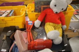 A TRAY OF SUNDRIES TO INCLUDE A VINTAGE RUPERT BEAR (TRAYS NOT INCLUDED)
