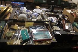 THREE TRAYS OF SUNDRIES TO IN CLUDE CUTLERY, CHINA, ETC (TRAYS NOT INCLUDED)