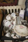 A TRAY OF CERAMICS ETC TO INCLUDE A PEWTER TANKARD