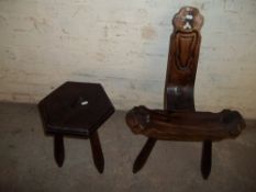 A TRIPOD BIRTHING CHAIR AND MATCHING TRIPOD TABLE