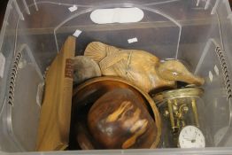 A BOX OF COLLECTABLES TO INCLUDE A DOME CLOCK AND A CARVED DUCK