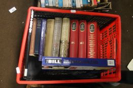 A TRAY OF ASSORTED BOOKS (TRAYS NOT INCLUDED)
