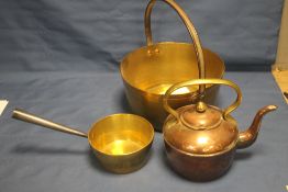 A BRASS JAM PAN, SAUCEPAN, AND A COPPER KETTLE