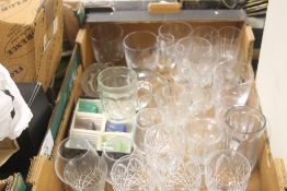 A TRAY OF ASSORTED GLASSWARE (TRAYS NOT INCLUDED)