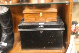 A BLACK METAL DOCUMENT BOX AND A SMALL CARVED DESK BOX