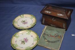 A MOTHER OF PEARL INLAID BOX TOGETHER WITH 2 PLATES ETC