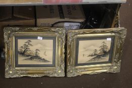 A PAIR OF JAPANESE PICTURES HIGHLIGHTED IN GOLD IN ORNATE GILT FRAMES