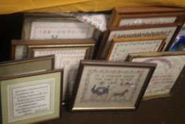 A QUANTITY OF FRAMED SAMPLERS AND TAPESTRY'S