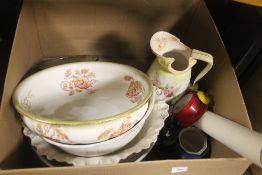 A TRAY OF CERAMICS AND SUNDRIES TO INCLUDE A MICKEY MOUSE CLOCK