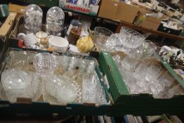 THREE TRAYS OF ASSORTED GLASSWARE TOGETHER WITH A TRAY OF CERAMICS TO INCLUDE THIMBLES (TRAYS NOT