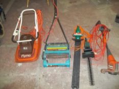 ELECTRIC POWERED GARDEN TOOLS TO INCLUDE HEDGE TRIMMERS, FLYMO LAWNMOWER AND A STRIMMER