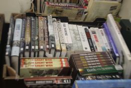 A BOX OF BOOKS AND DVD'S ON WWI (TRAYS AND BOXES NOT INCLUDED)