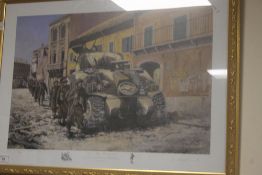 A FRAMED AND GLAZED DE PENTLAND PRINT TITLED |ANZIO ITALY FEBRUARY 1944| SIGNED TO THE LOWER RIGHT