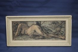 GUY WORSDELL OIL ON BOARD TITLED |NUDE LYING DOWN| SIGNED LOWER LEFT . INSCRIBED TO BACK OF FRAME