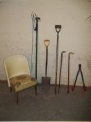 GARDEN TOOLS AND A VINTAGE LOOM BEDROOM CHAIR