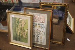 TWO PRINTS TOGETHER WITH A MIRROR AND A FRAMED TAPESTRY