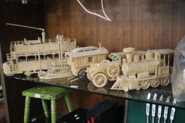 SIX MATCHSTICK MODELS OF VARIOUS VEHICLES TO INCLUDE A TROLLEY BUS, STEAM TRAIN ETC