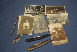 A BOX OF COLLECTABLE'S TO INCLUDE ANTIQUE RAZORS, PEN KNIFE, GOLD NIB PEN ETC