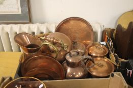 A BOX OF COPPERWARE TO INCLUDDE A KETTLE, WEIGHTS ETC