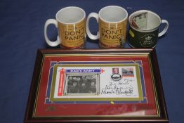 A FRAMED AND AUTOGRAPHED DADS ARMY FIRST DAY COVER LIMITED EDITION 32/100 ALONG WITH THREE DADS ARMY