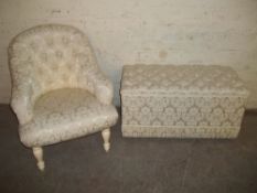 A MODERN DEEP BUTTONED PLEATED BEDROOM CHAIR AND BLANKET CHEST OTTOMAN IN DAMASK FABRIC