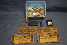 A B OX OF COLLECTABLE'S TO INCLUDE CUFFLINKS, BANK NOTES ETC