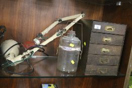 A VINTAGE MEK-ELEK MEMLITE INDUSTRIAL MOUNTED WORK BENCH LAMP, AN ESSO BLUE PARAFFIN JAR AND