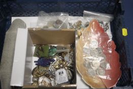 A TRAY OF COINS COSTUME JEWELLERY ETC