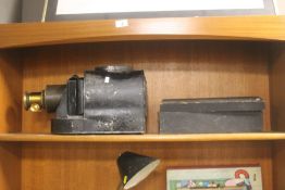 ANTIQUE MAGIC LANTERN AND BOX OF GLASS SHADES
