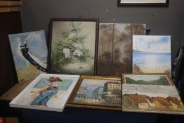 A BOX OF ASSORTED OIL PAINTINGS TO INCLUDE A BURNET PARIS SCENE AND A PICTURE OF HERONS, LARGEST