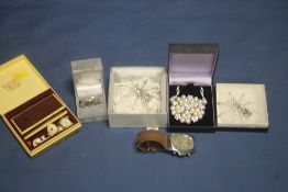 A BOX OF COSTUME JEWELRY TOGETHER WITH A WRIST WATCH