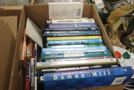 A TRAY OF BOOKS MAINLY MOTORSPORT INTEREST (TRAYS NOT INCLUDED)