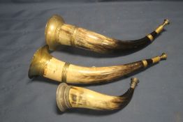 A PAIR OF 19TH CENTURY CEREMONIAL COW HORNS. EACH WITH THE BADGE OF THE |ANCIENT ORDER OF