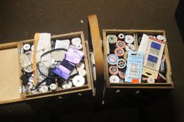 A WOODEN SEWING BOX AND CONTENTS