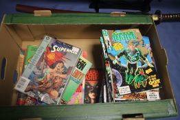 A BOX OF COMICS TO INCLUDE 34 DC GREEN LANTERN, 21 STAR LORD, HULK, SUPERMAN, WOLVERINE ETC