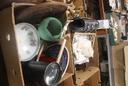 TWO TRAYS OF SUNDRIES TO INCLUDE A PAIR OF VINTAGE ICE SKATES (TRAYS NOT INCLUDED)