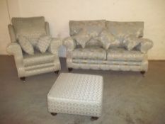 A THREE PIECE SUITE AND 2 SEATER SOFA CHAIR AND POUFFE