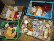 FOUR BOXES OF ASSORTED CERAMICS AND SUNDRIES TO INCLUDE A QUANTITY OF FIGURES, VINTAGE TIN, WIRELESS
