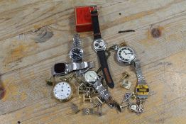 A SELECTION OF WRIST AND POCKET WATCHES, CUFFLINKS ETC