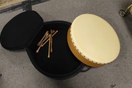 A CASED BODHRAN STAMPED BELGARTH BAZIMOS ORKNEY ISLES 2007 WITH VARIOUS BEATERS