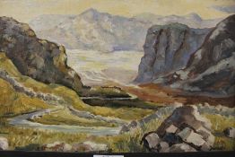 A FRAMED IMPRESSIONIST OIL ON BOARD OF A MOUNTAINOUS RIVER LANDSCAPE SIGNED DUNLOP LOWER RIGHT