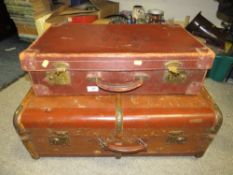 A VINTAGE BANDED PACKING TRUNK, TOGETHER WITH VINTAGE SUITCASE (2)