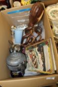 A BOX OF COLLECTABLES TO INCLUDE A SILVER PLATED TEAPOT, VINTAGE ENID BLYTON BOOK, CUTLERY ETC.