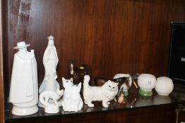 A COLLECTION OF ASSORTED CERAMIC FIGURES ETC. TO INCLUDE BESWICK ANIMALS, WEDGWOOD DECANTER ETC.