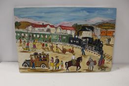 A MODERN OIL ON CANVAS OF A MEXICAN TOWN SCENE WITH FIGURES SIGNED E. PANCE R LOWER RIGHT