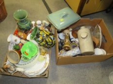 TWO BOXES OF ASSORTED CERAMICS AND STONEWARE TO INCLUDE A STUDIO POTTERY VASE, FIGURES, STONEWARE