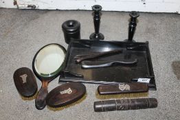 A QUANTITY OF EBONISED DRESSING TABLE ITEMS ETC.
