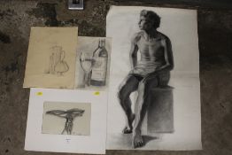 FOUR ASSORTED UNFRAMED PENCIL DRAWINGS TO INCLUDE STILL LIFE STUDIES, FIGURE STUDIES ETC