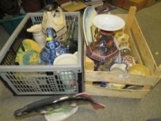 TWO TRAYS OF CERAMICS AND GLASSWARE TO INCLUDE A LUSTRE EFFECT PIKE, DECANTERS